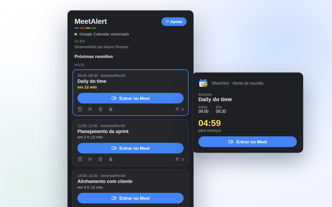 Popup do MeetAlert com as próximas reuniões e a janela de alerta com contagem regressiva