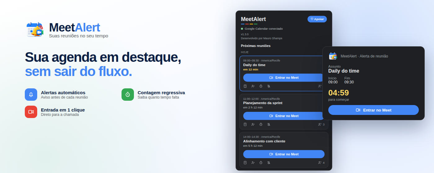 Popup do MeetAlert com a lista de reuniões e o alerta com botão Entrar no Meet